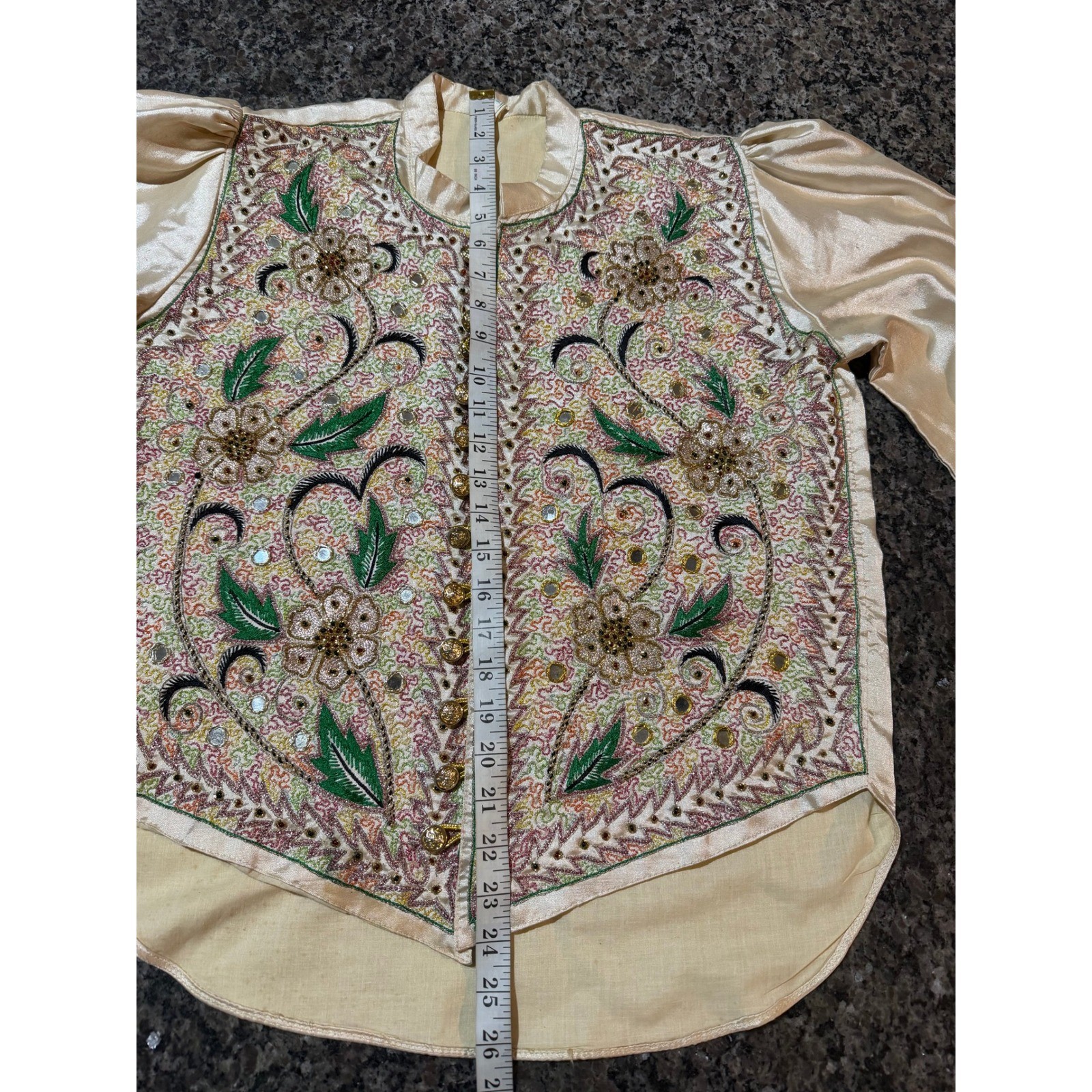 Vintage Embroidered Mirror Work Satin Blouse Champagne Gold Crest Button Top