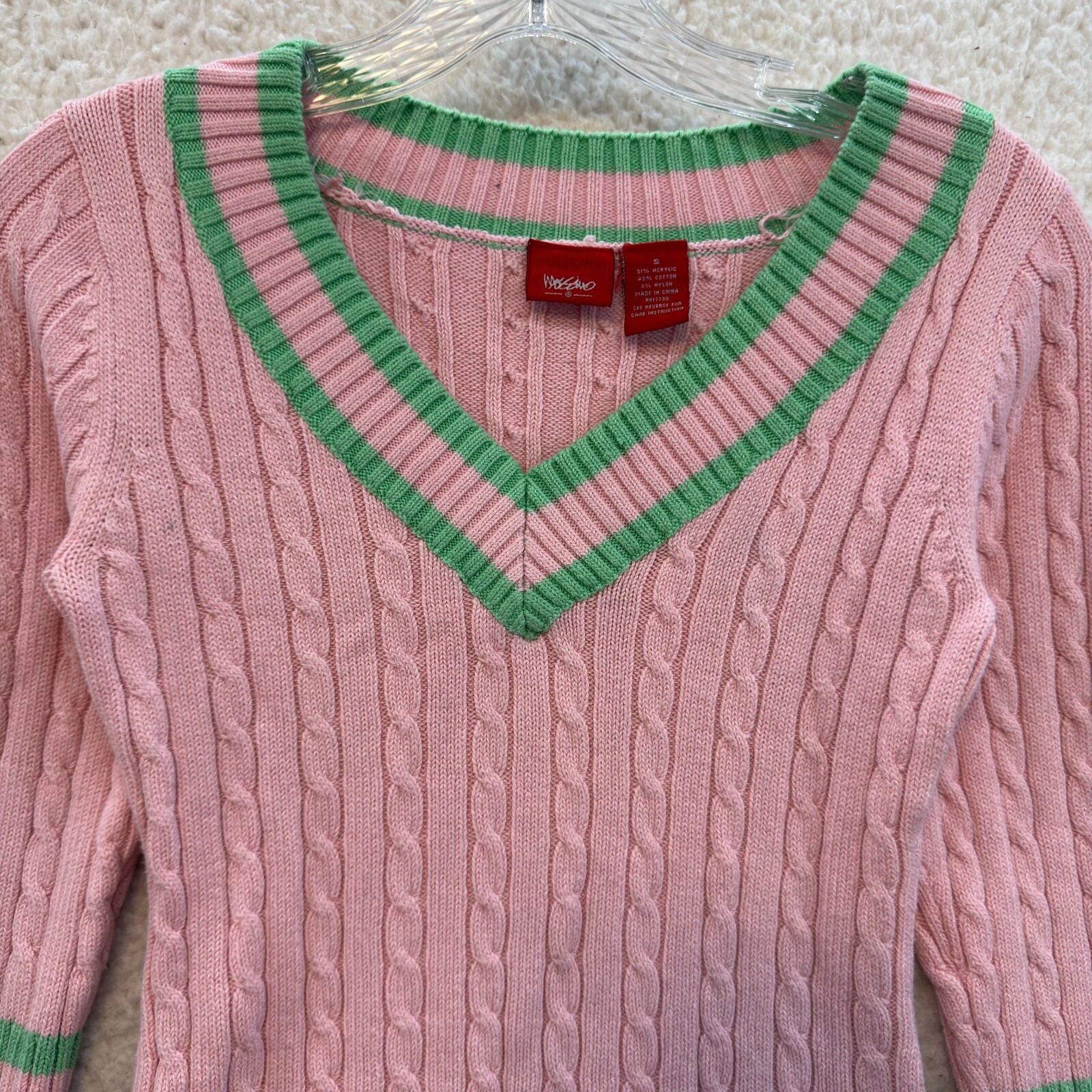 Y2K Vintage Sweater Top XS Small Pink Green Cable Knit Preppy Academia Tennis