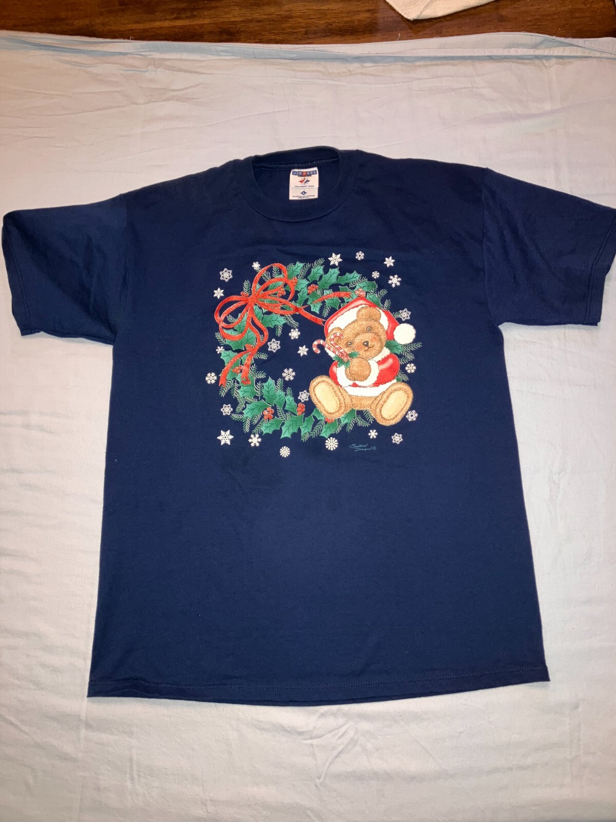 Vintage 90s Jerzees Endless Designs Santa Bear Wreath Holiday T Shirt Large USA