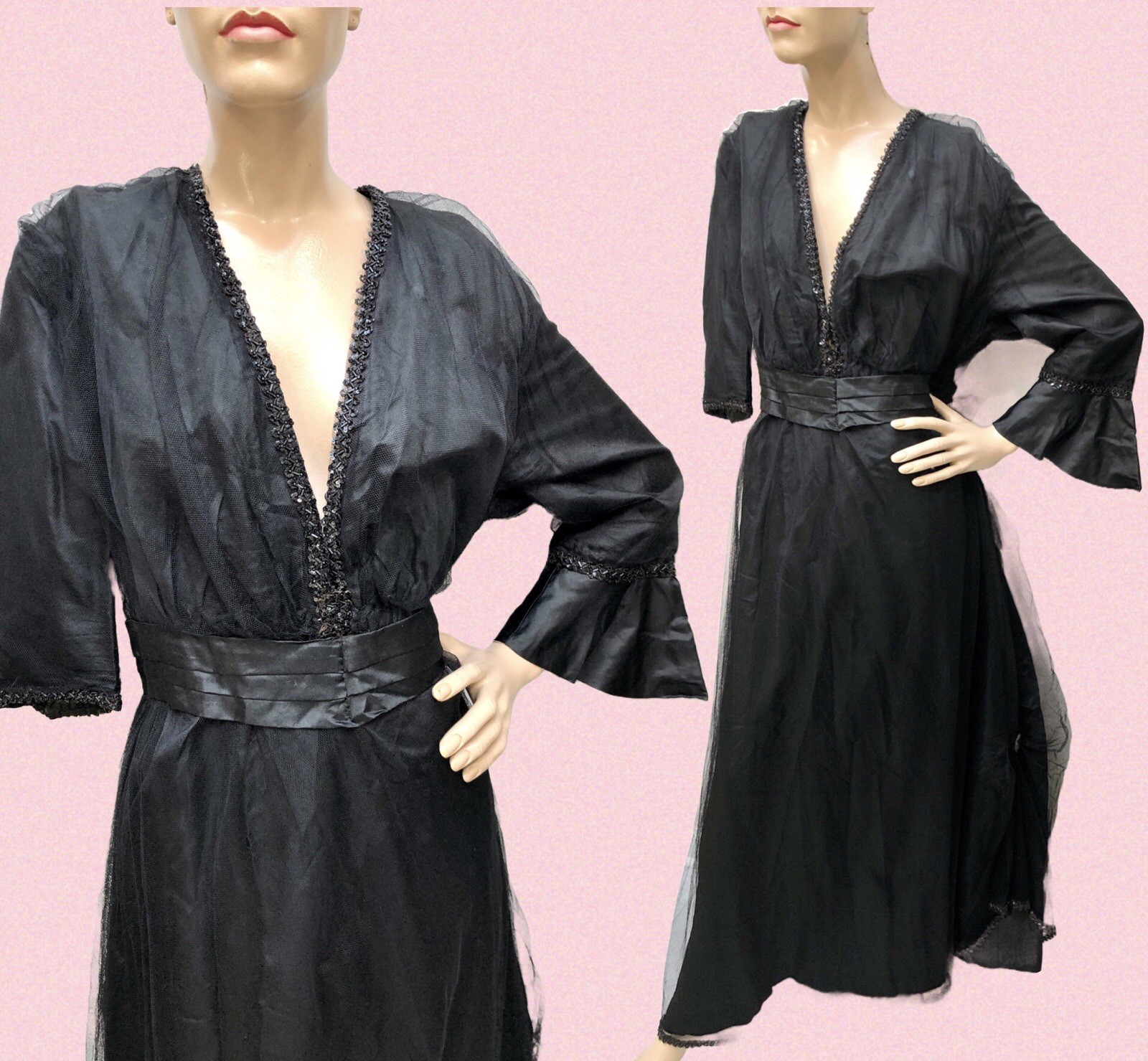 1910s EDWARDIAN Antique VTG Black SILK Eve Gown TULLE OVERLAY *JET GLASS BEADING