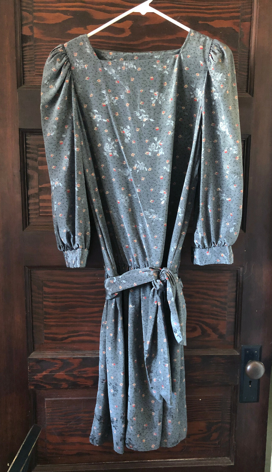 Vintage 80’s KATIE MFG Floral LS Dropped Waist Dress Blue Gray Dress Size 8