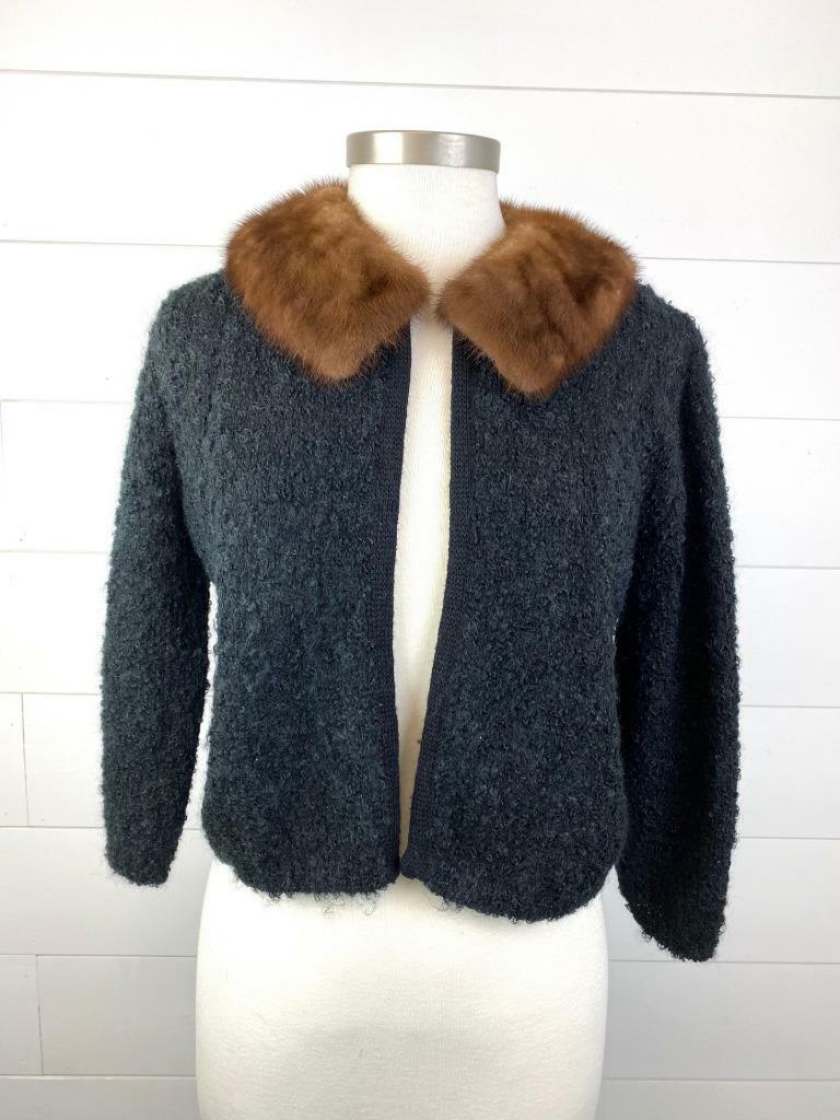 Vintage Century of Boston Black Wool Cardigan Sweater Mink Fur Collar Womens M