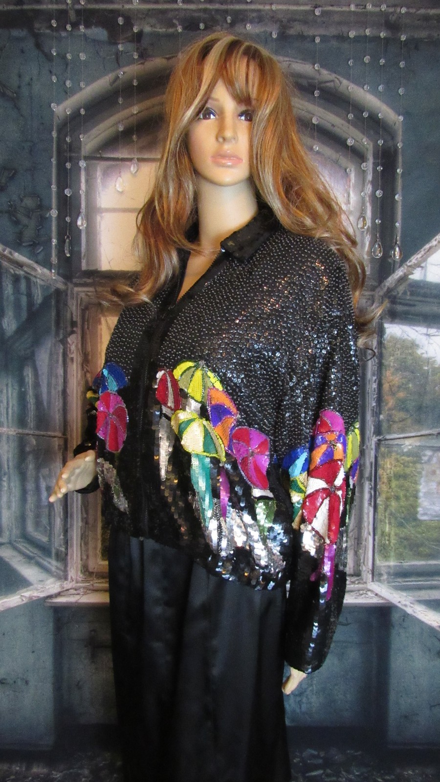 Vintage 80’s Modi Full Sequin Embellished Umbrella Theme Jacket Size Small 6-8