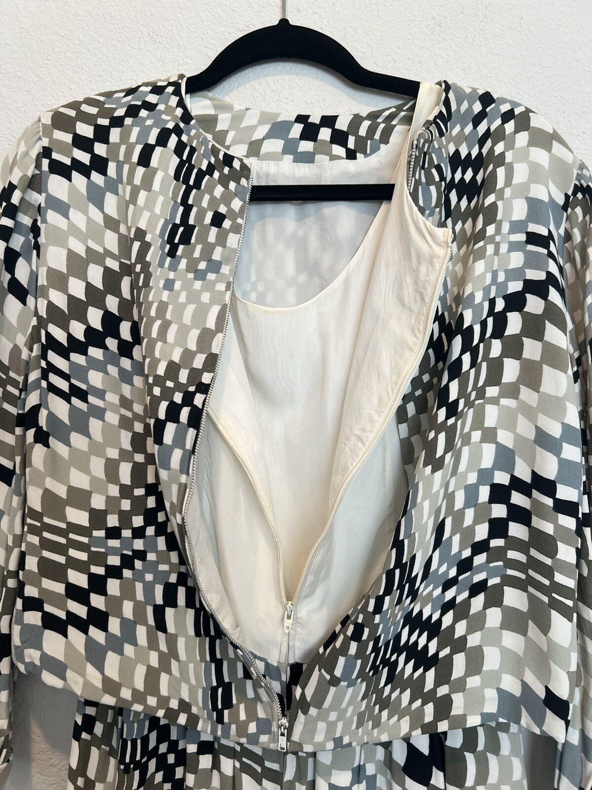 VTG 60s Bud Kilpatrick Checkered Print 2 Piece Dress Black White Brown Geometric