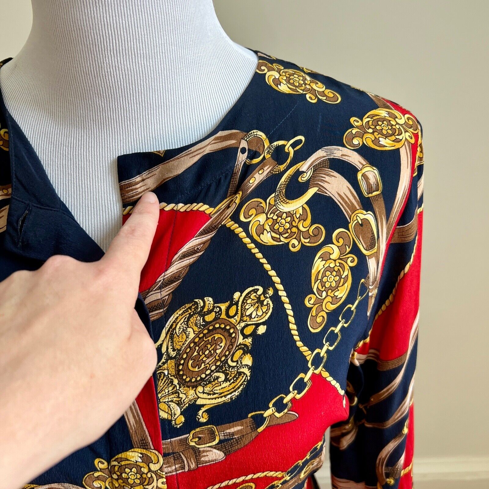 Vintage 90s Stephanie Andrews Silk Shirt Equestrian Print Blouse Navy Red M