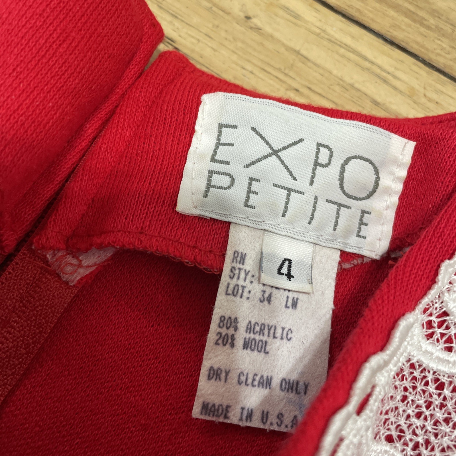 Expo Petite Vintage 1980’s Lace Trim Red Praire Dress Women 4 Wool Zip Made USA