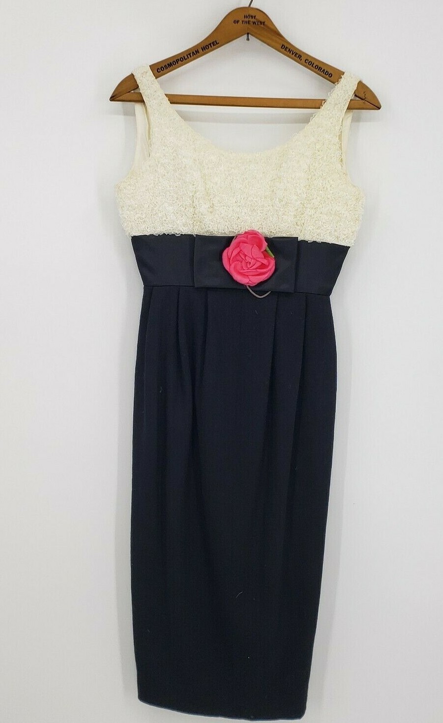 Vtg Jerell Jr Dress Womens Small? Black Ivory Lace Pink Rose
