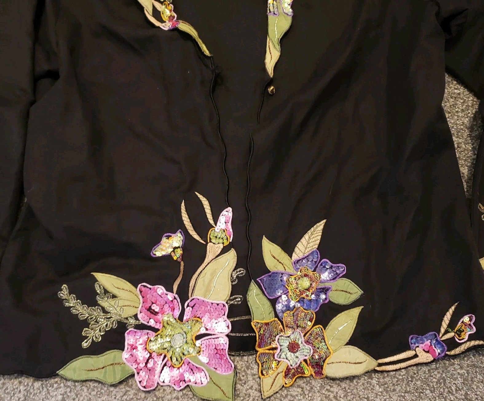 Indigo Moon Embroidered Sequin Floral Black Jacket Cover Up Party Boho L