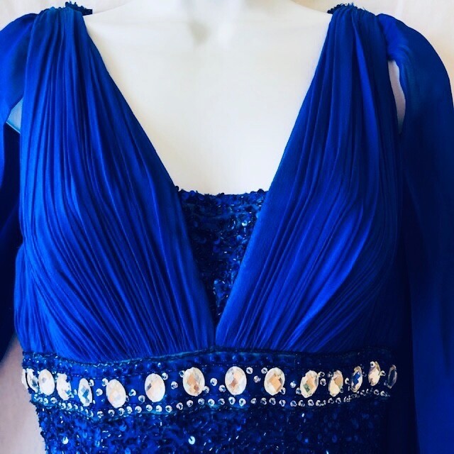 Vintage Sherri Hill Sequined Royal Blue Dress size 8P 100% silk / Match Clutch
