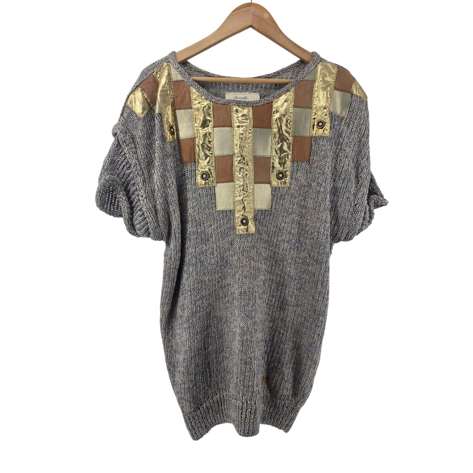 Domallo Sweater Womens L Dafna Rina Israel Silver Gold Leather Patchwork Vintage