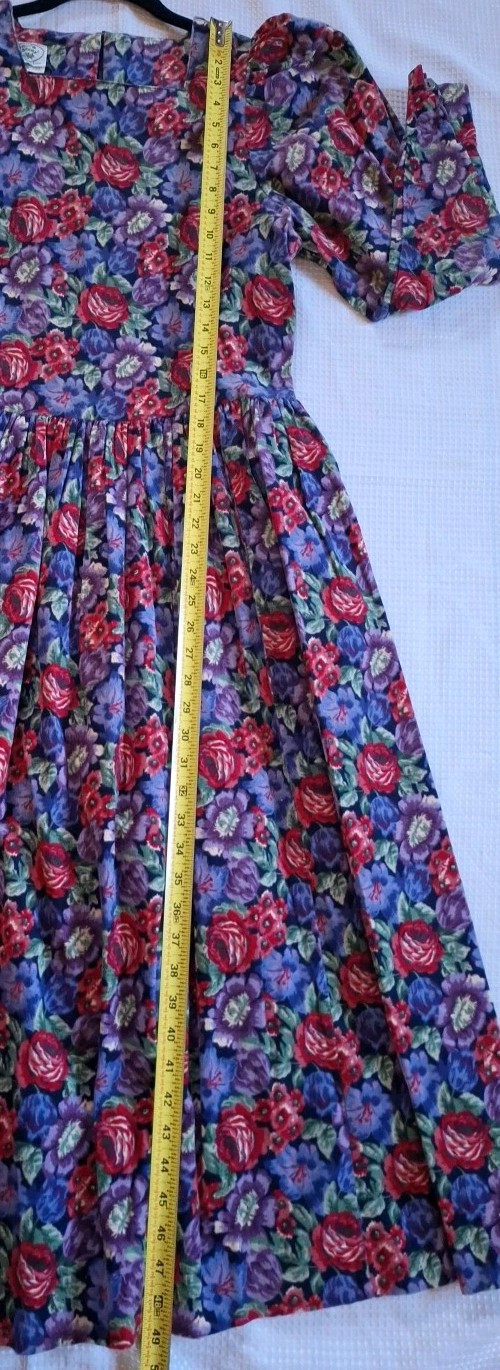 VTG 1990s Laura Ashley Blue Red Purple Floral Puff Sleeve Corduroy Dress 10