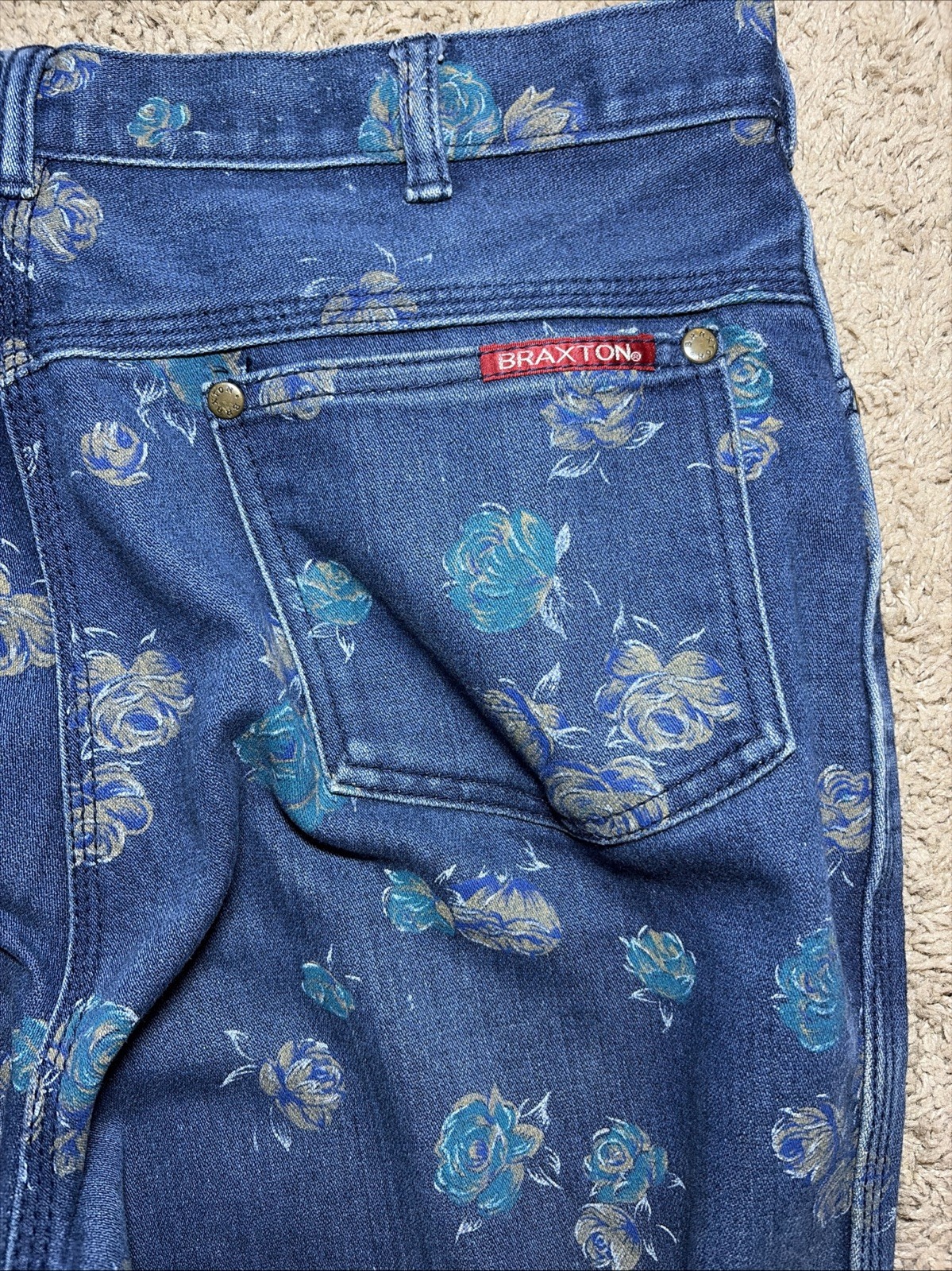 Vintage 80s Braxton Womens Stretch Floral Denim 5 Pocket Zip Front Jean Sz 14/32
