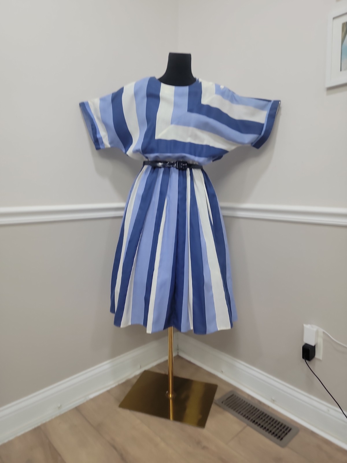 80s Blue White Striped Dolman Sleeve Pleated Dress Belted Nautical Party Dress