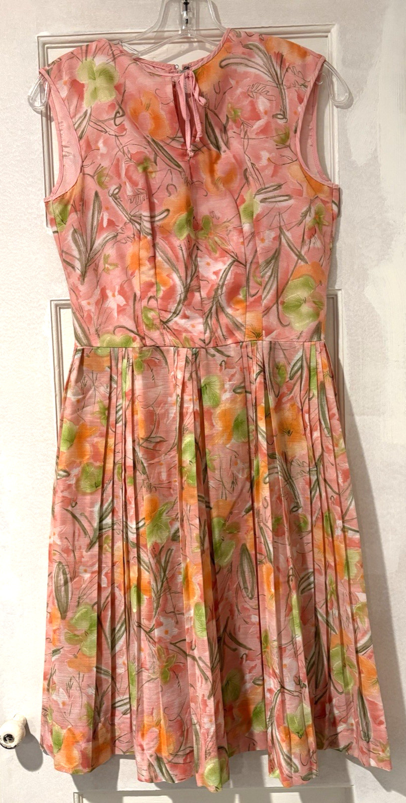 Vtg 50s 60s Pink Floral Midcentury Fit and Flare Dress Bow Detail Sleeveless S ?