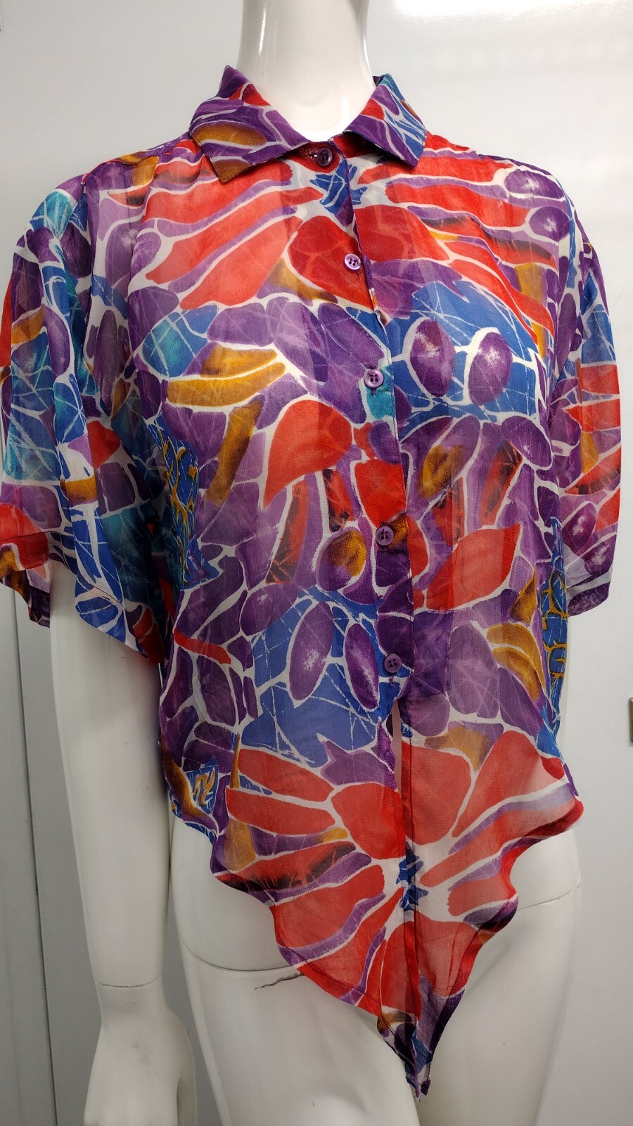 1990s Crop Style Short Sheer Shirt Unisex Purple Floral Rayon Tie Front GAY