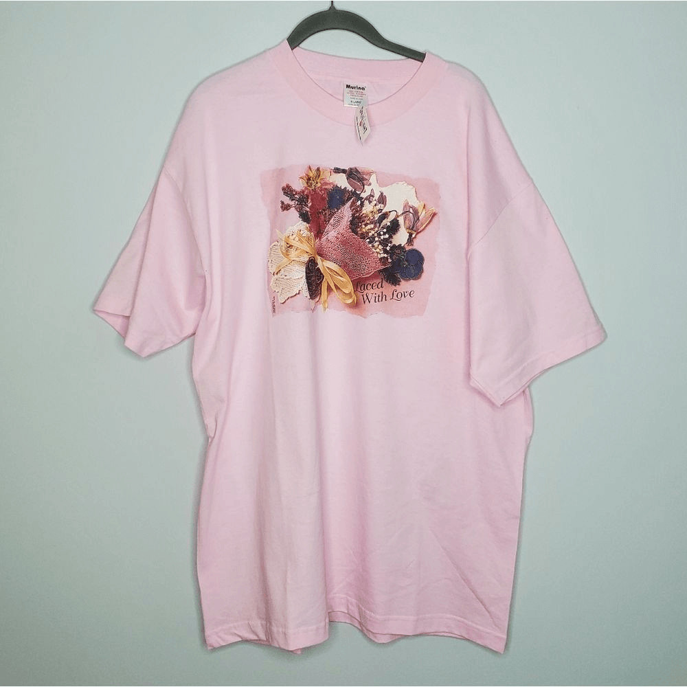 New With Tags Vintage T Shirt XL Pink Lace Flowers Bouquet Valentine’s Day Sweet