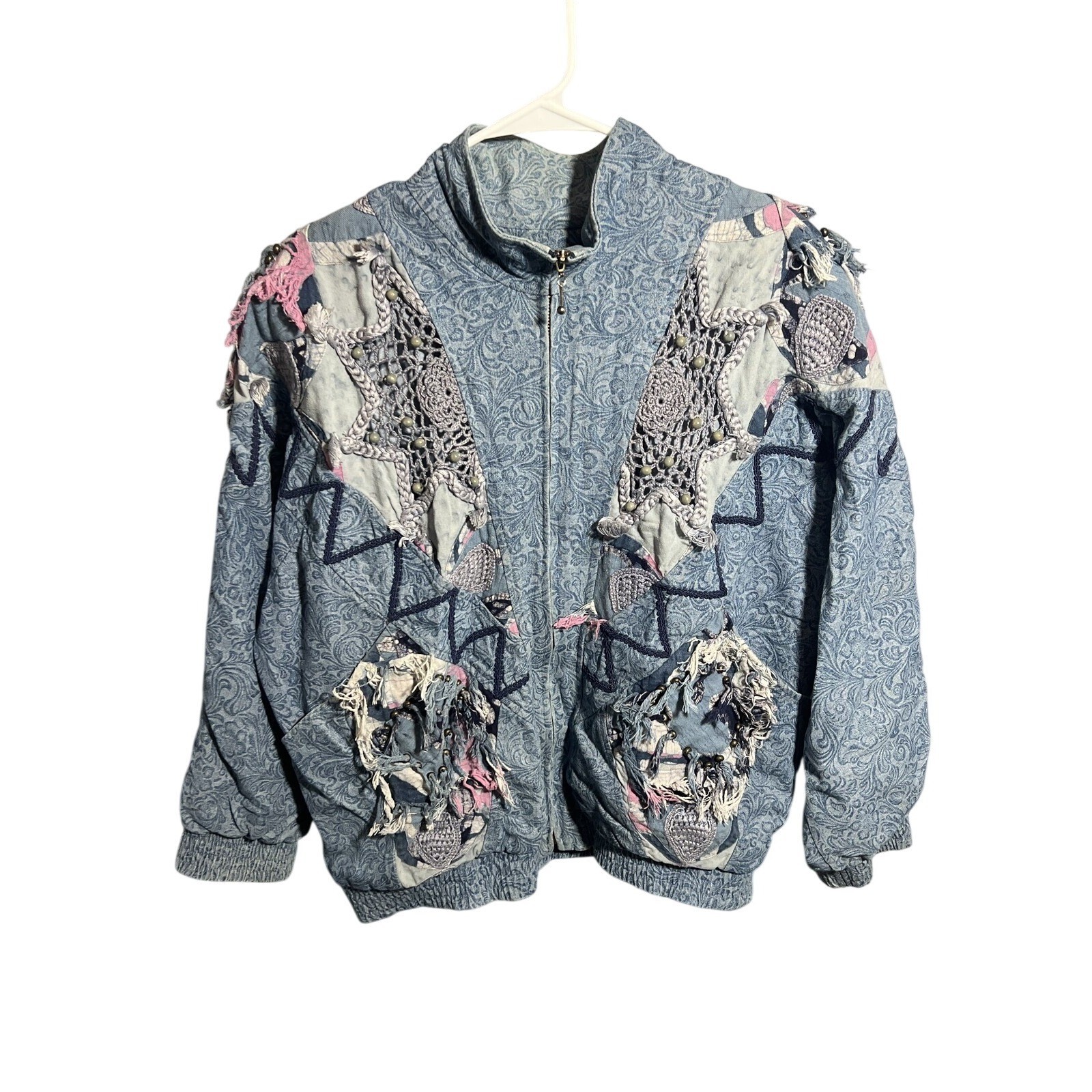 Vintage LIM’S Women’s Bomber Jacket 80s Denim Patchwork Embellished Art-to-Wear