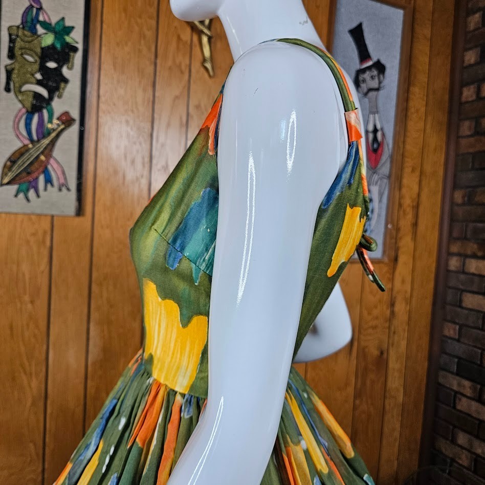 Vtg 50s Novelty Olive Paint Splatter Voile Circle Skirt Party Prom Dress XS/S P