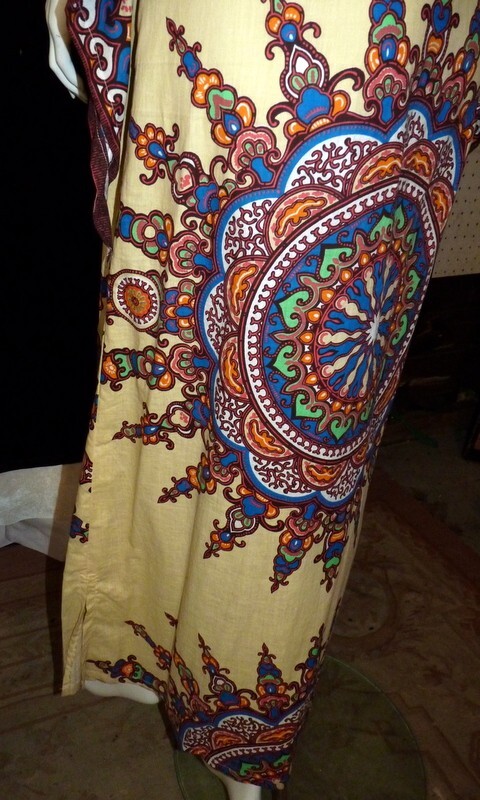 Vintage 1970s CAFTAN Indian Block Print Angel Sleeve Festival Wear OS