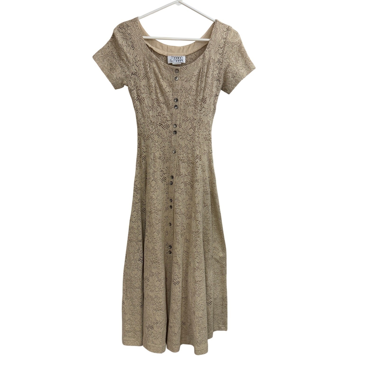 Vintage Crochet Dress Beige Button Front Fitted XXS XS 47″
