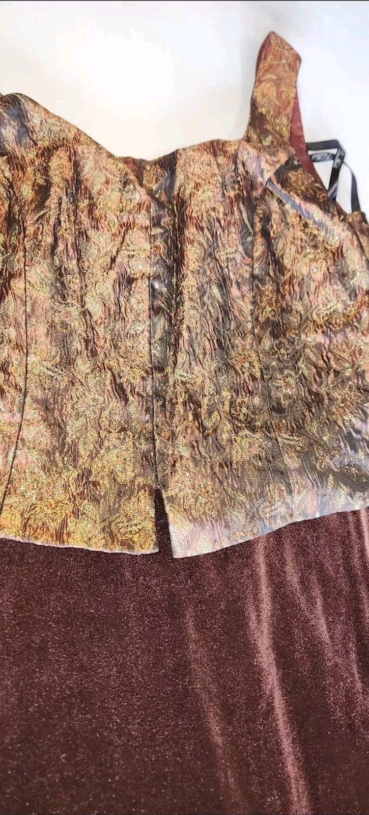 Vintage La Nuit Dress Maxi Formal Metallic Top Brown Velour Bottom Size 12- EXC