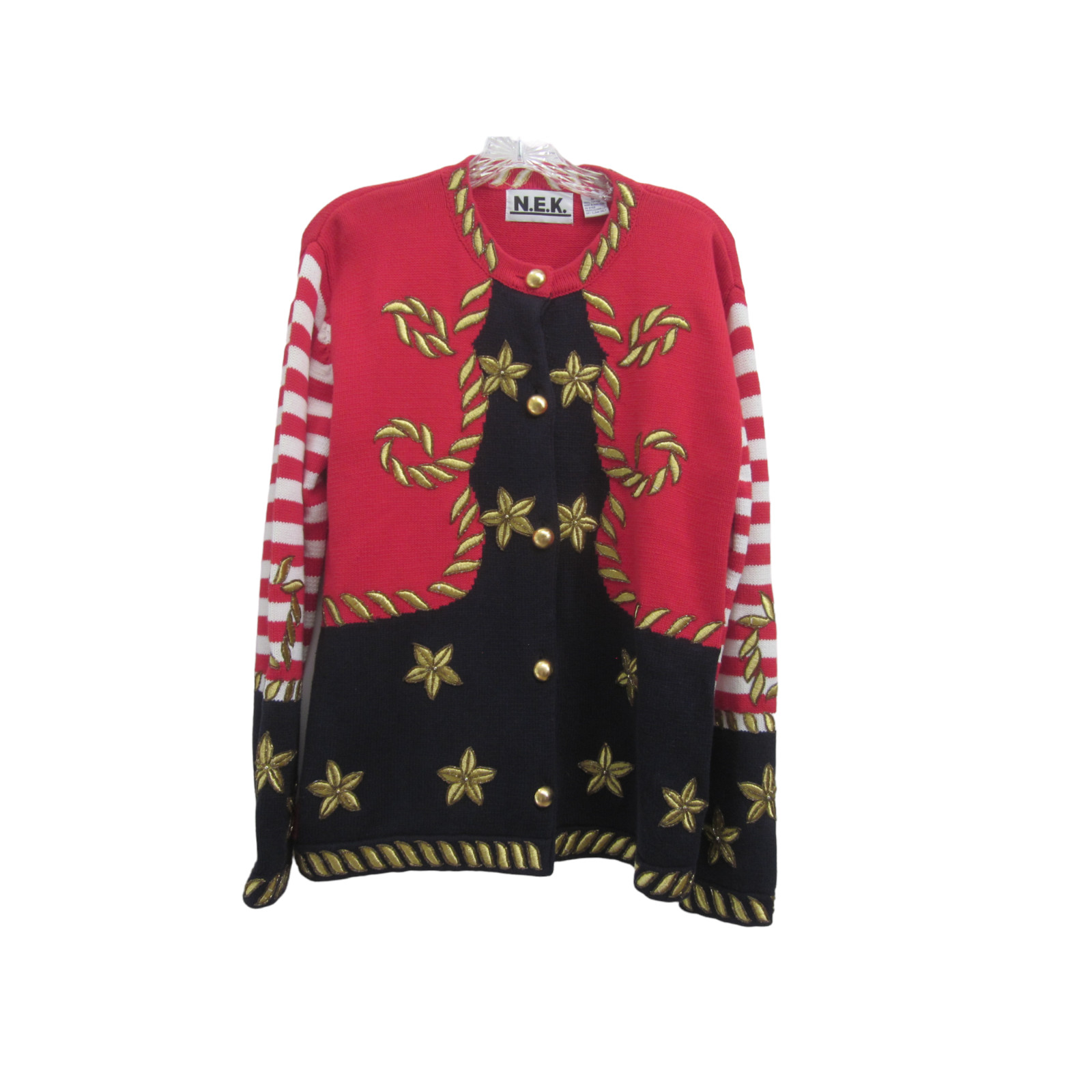 VTG NEK Red Black Gold Embroidered & Heavily Beaded Rope Cardigan Sweater Sz M