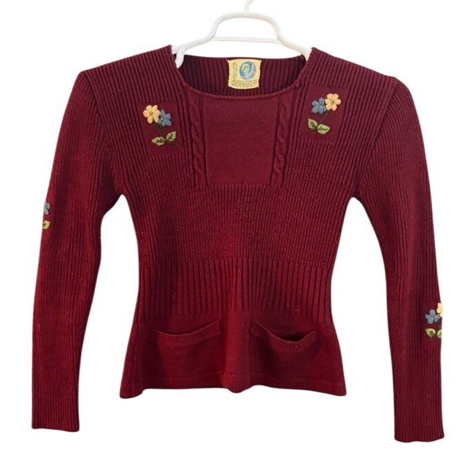 Vintage Bee-Wear Burgundy Ribbed Floral Embroidered Sweater Cottagecore Small