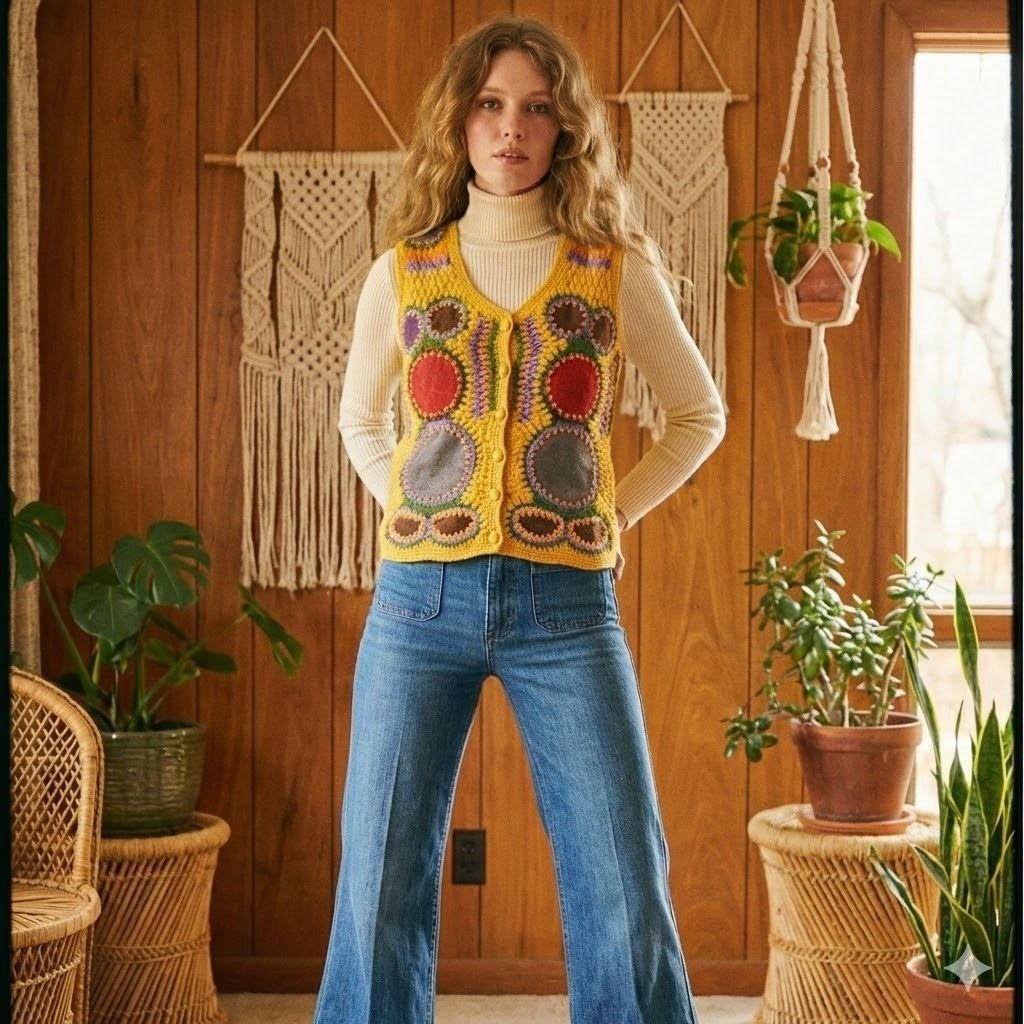 Vintage 70s Yellow Patchwork Knit Leather Sweater Vest Top Hippie Boho Size M L