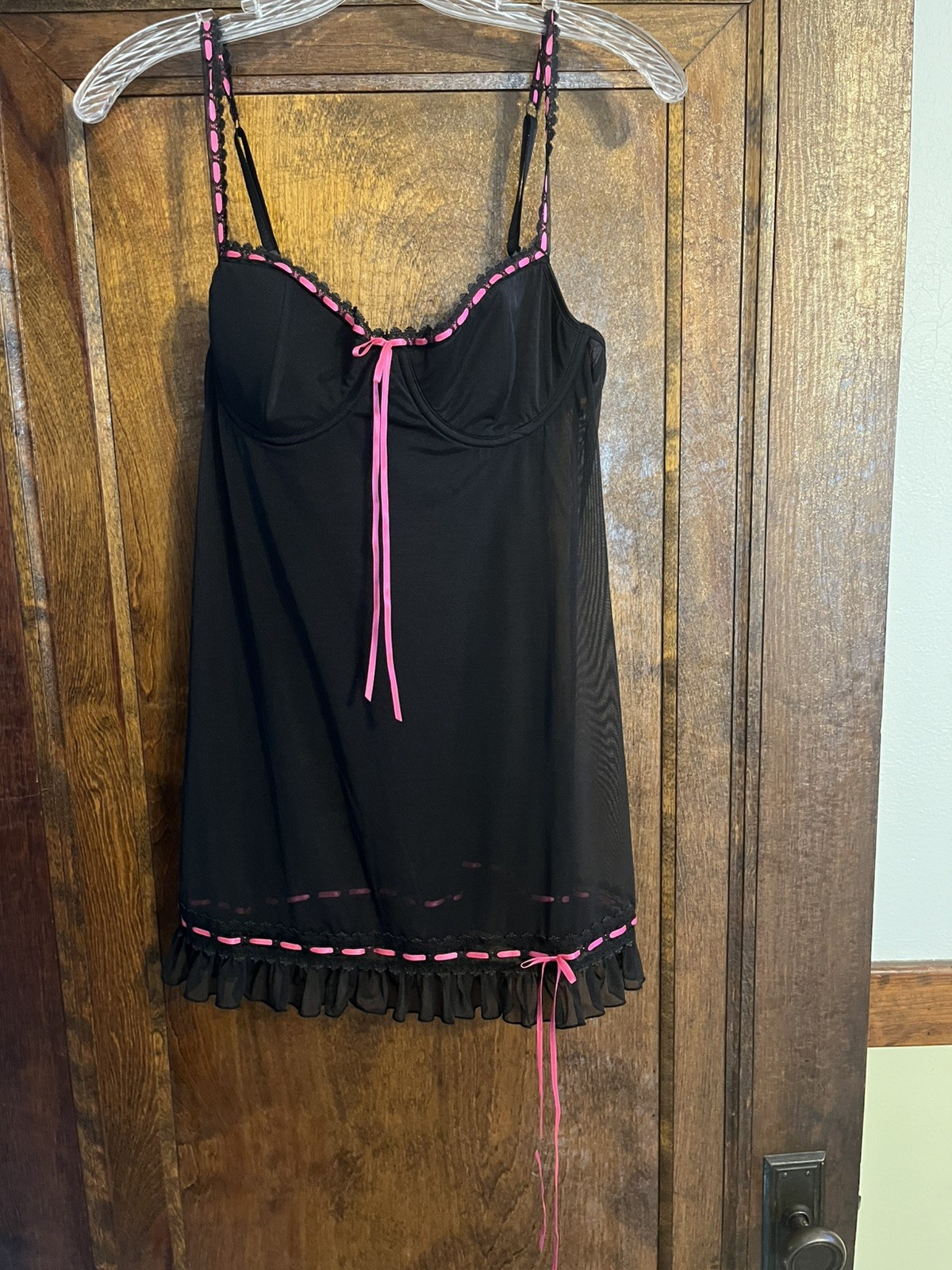 Vintage Victoria Secret Black And Pink Baby Doll 36C Lingerie mesh