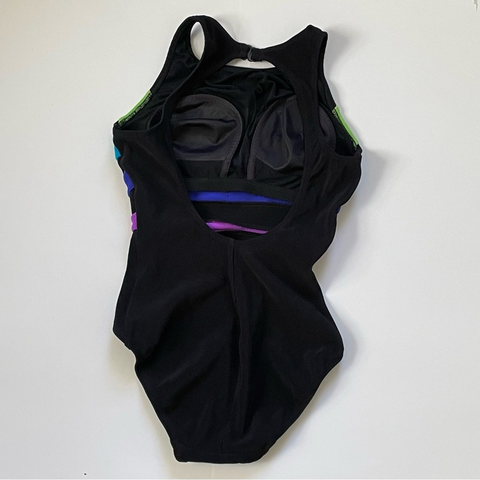 Cazimi Ribbed Neon Striped One Piece Swimsuit Bodysuit 6 Black Blue Purple Green