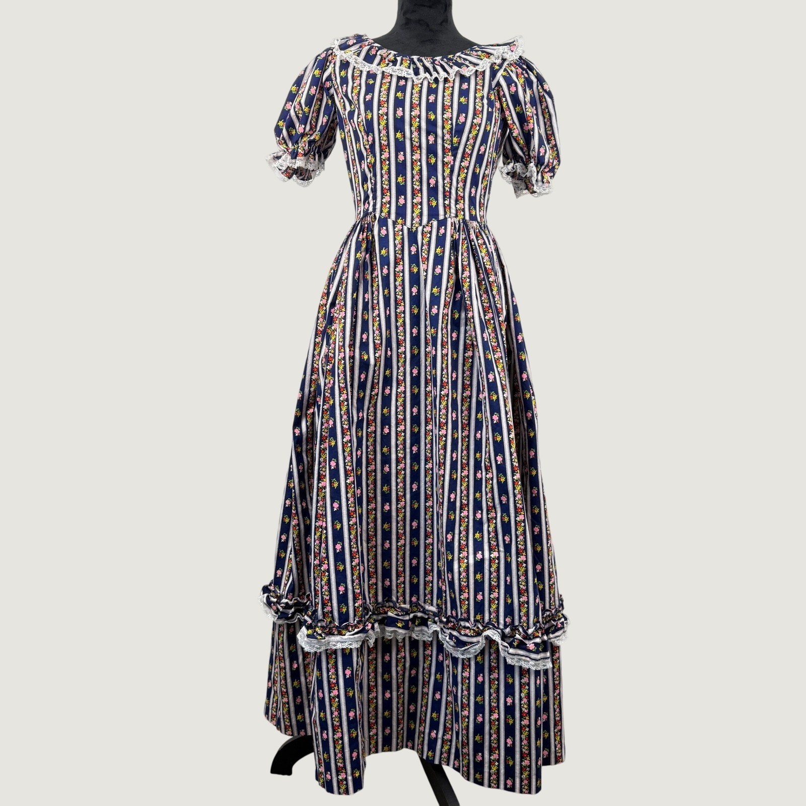Vintage 70s Prairie Maxi Dress Womens XS Navy Floral Stripe Cottagecore