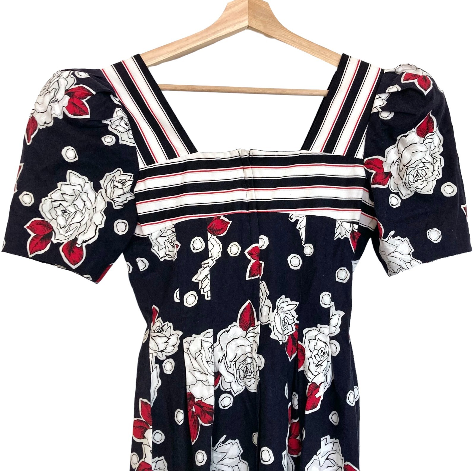 Vintage 80s LESLIE LUCKS Floral Midi Pencil Dress Sz 4 Puff Slve Pinup Secretary