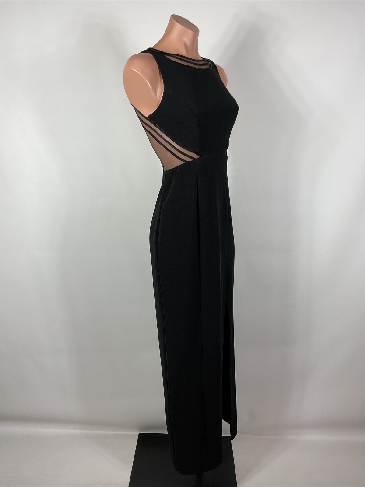 Vintage 90s y2k Black Illusion Caged Neck Backless Button Back Prom Dress 3/4