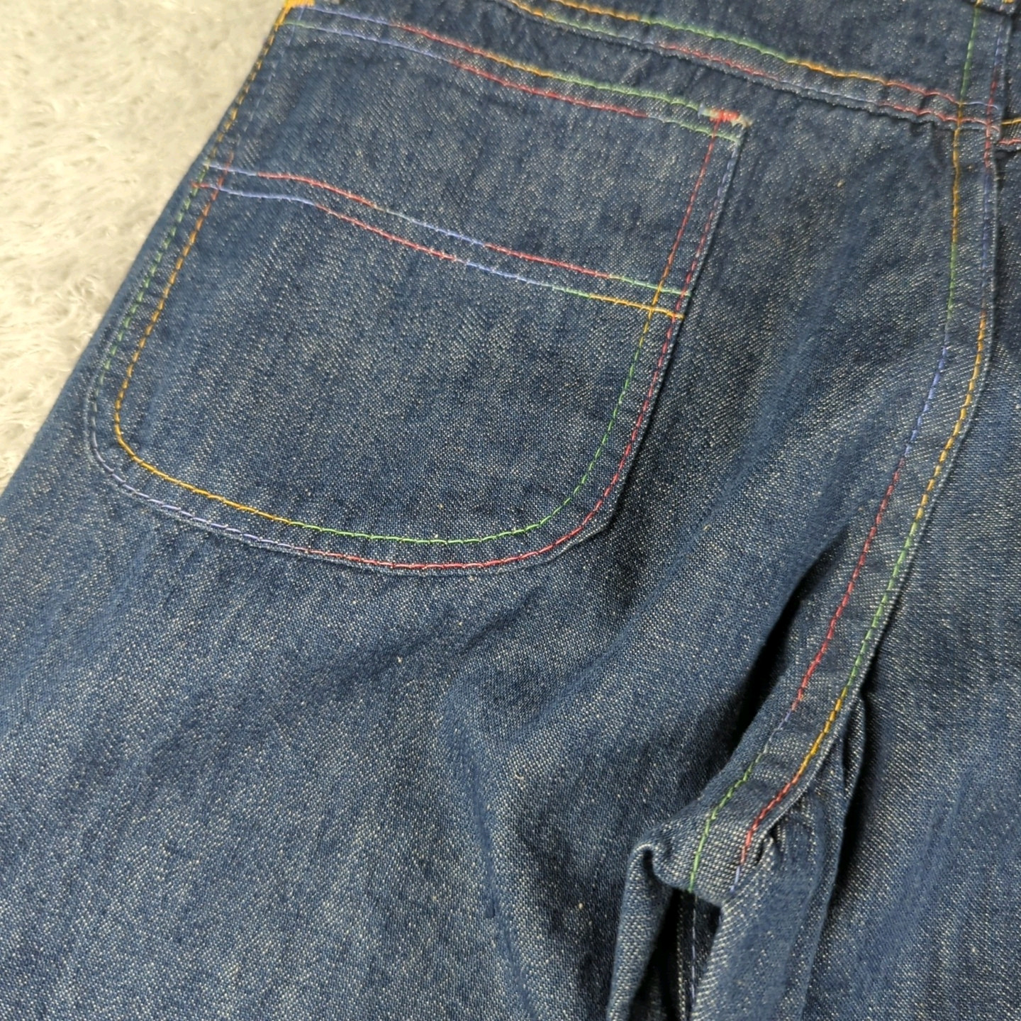 Vintage 1970s Farah Jeans Womens 31 XL Blue Flare Bell Bottoms Rainbow Stitch