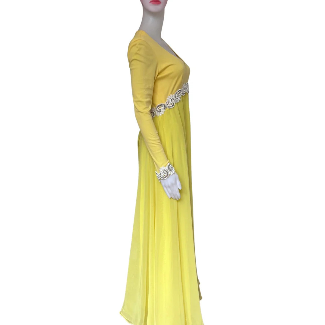 Rare LILLIE RUBIN COLLECTION 700 Yellow Jersey Knit Beaded Maxi Dress Sz S