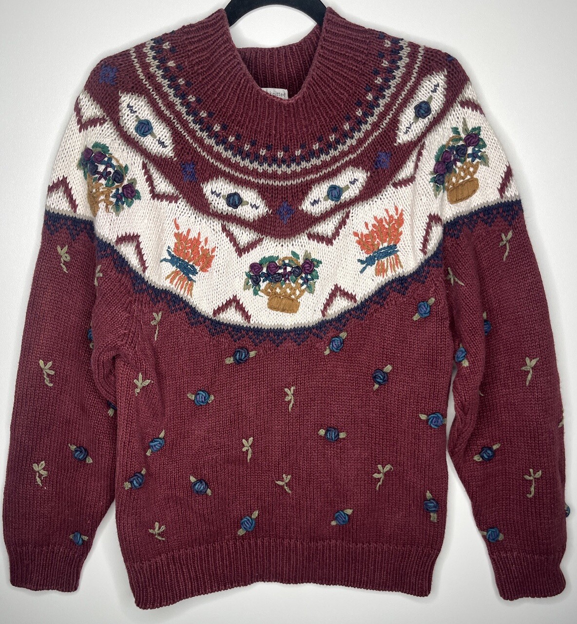 Van Heusen Hand Knitted For Her Floral Sweater Burgundy Size Small Vintage