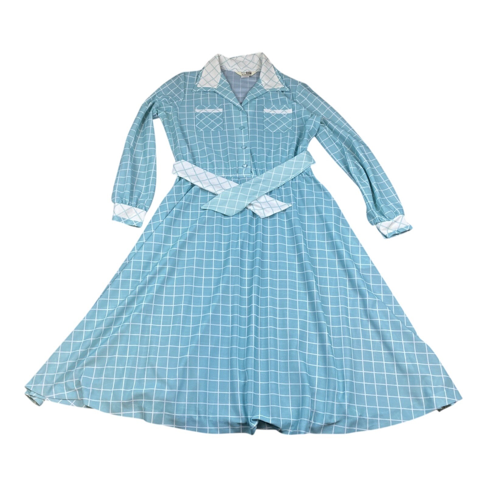 VTG 70s Sears The Fashion Place Shirtdress Blue Windowpane Check Belted Size 14