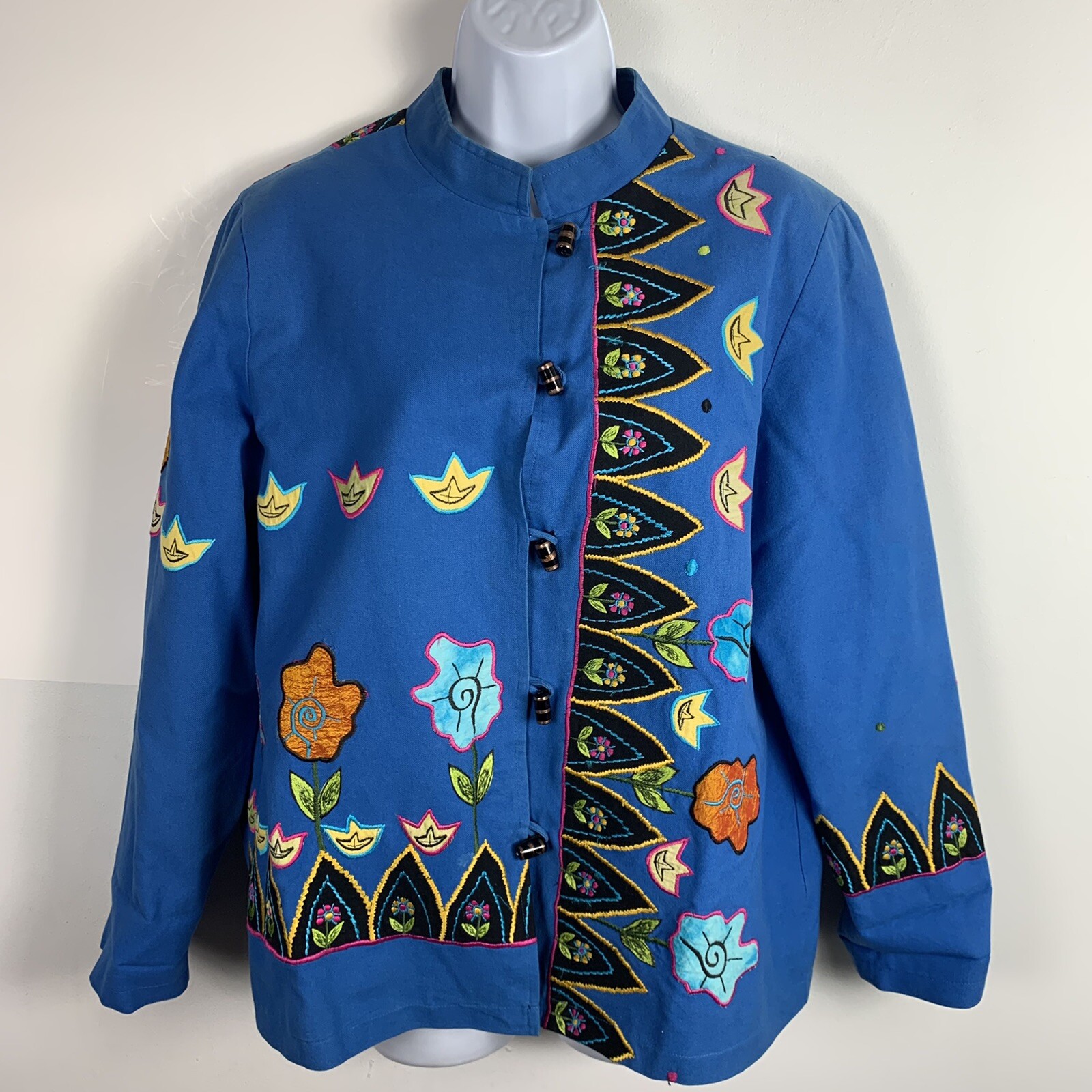 Indigo Moon Jacket sz M Blue Floral Embroidered Artsy Boho Whimsical VINTAGE