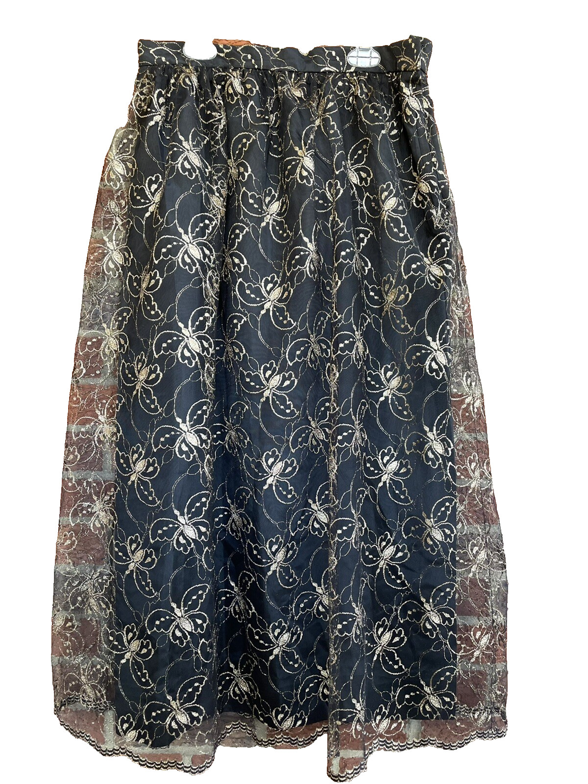 OOAK VTG 1980s Fairy Goth Queen Metallic Butterfly Overlay Glam Midi Skirt med