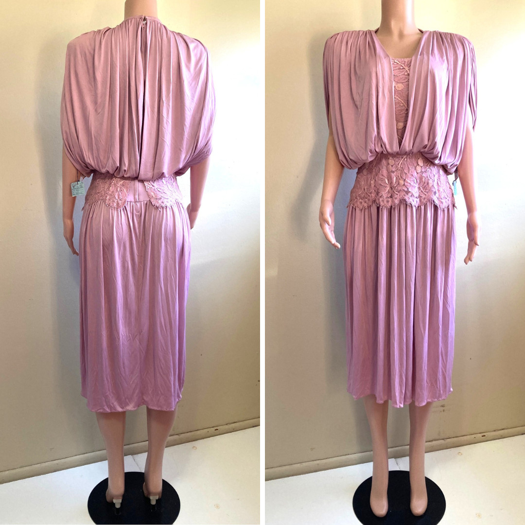 Vintage 70s Miss Eliette Midi Dress 10 M Donna Summer Mauve Pink Poly Knit Zip