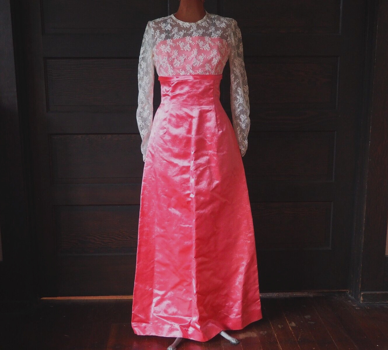 VTG Pink Brocade Floral Satin Lace Bow Cocktail Evening Gown Dress Sz 3