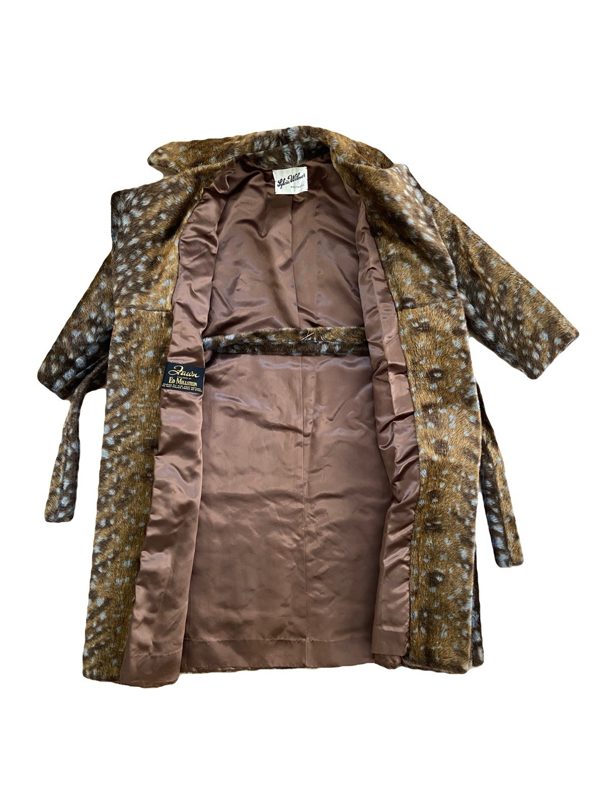 Vintage 1960s Ed Millstein Fawn Deer Print Animal Faux Fur Belted Overcoat S