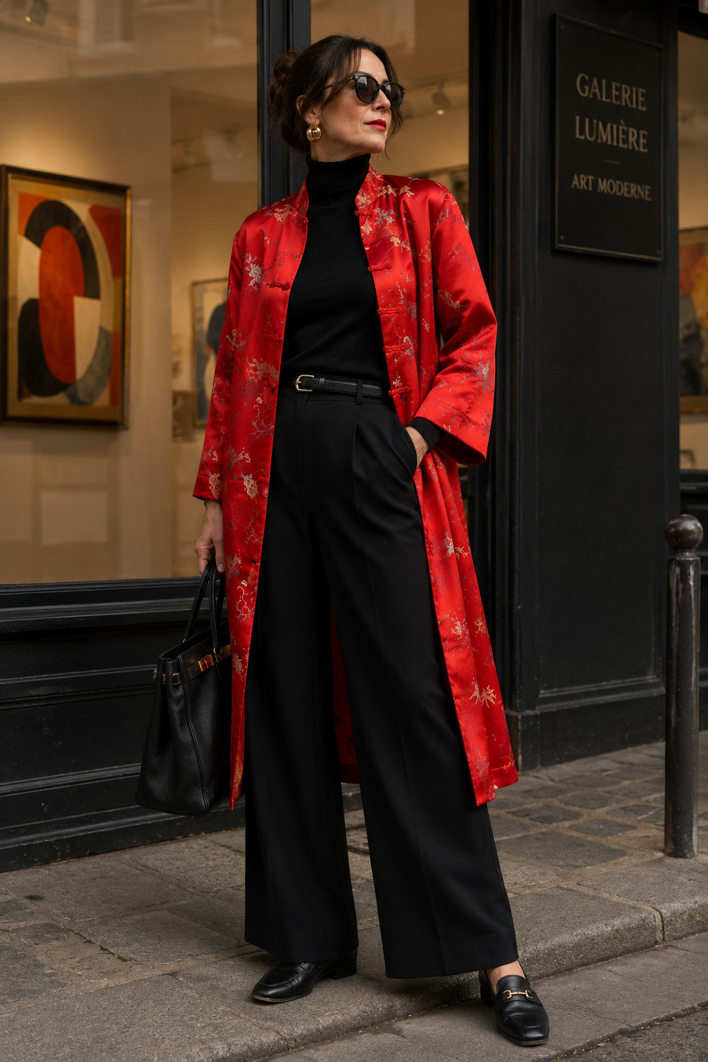 Vintage Kimono Silk Coat Red China Coat 70s Embroidery Silk Size 38 40 42