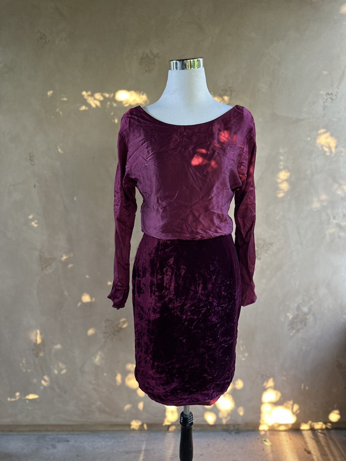 Vtg Liz Claiborne 80s Knee Length Evening Dress Burgundy Velvet Satin Scoop Sz 4