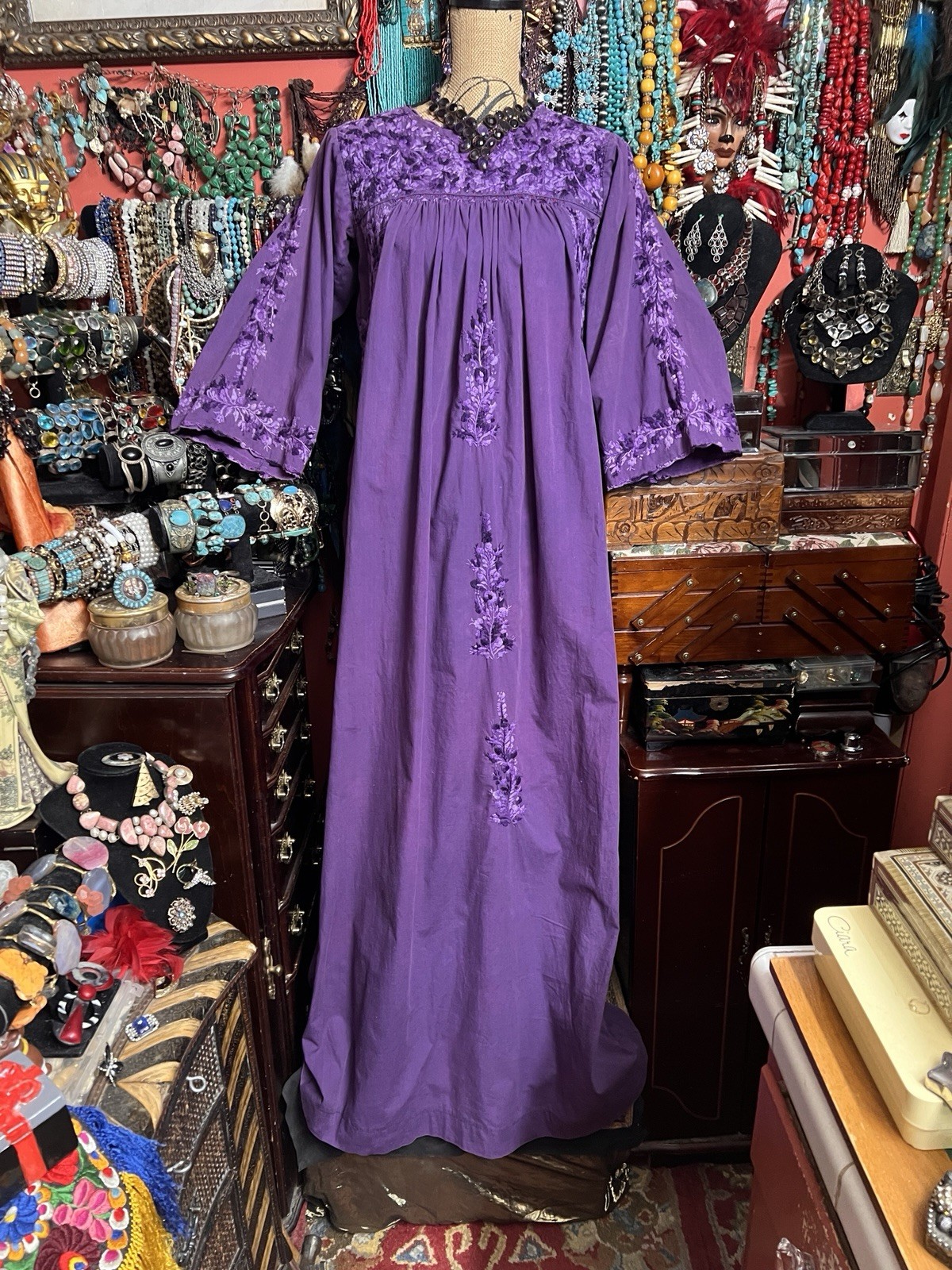 Gorgeous 1970s Oaxaca Mexico Purple Long Sleeve Dress Multi Embroidery M