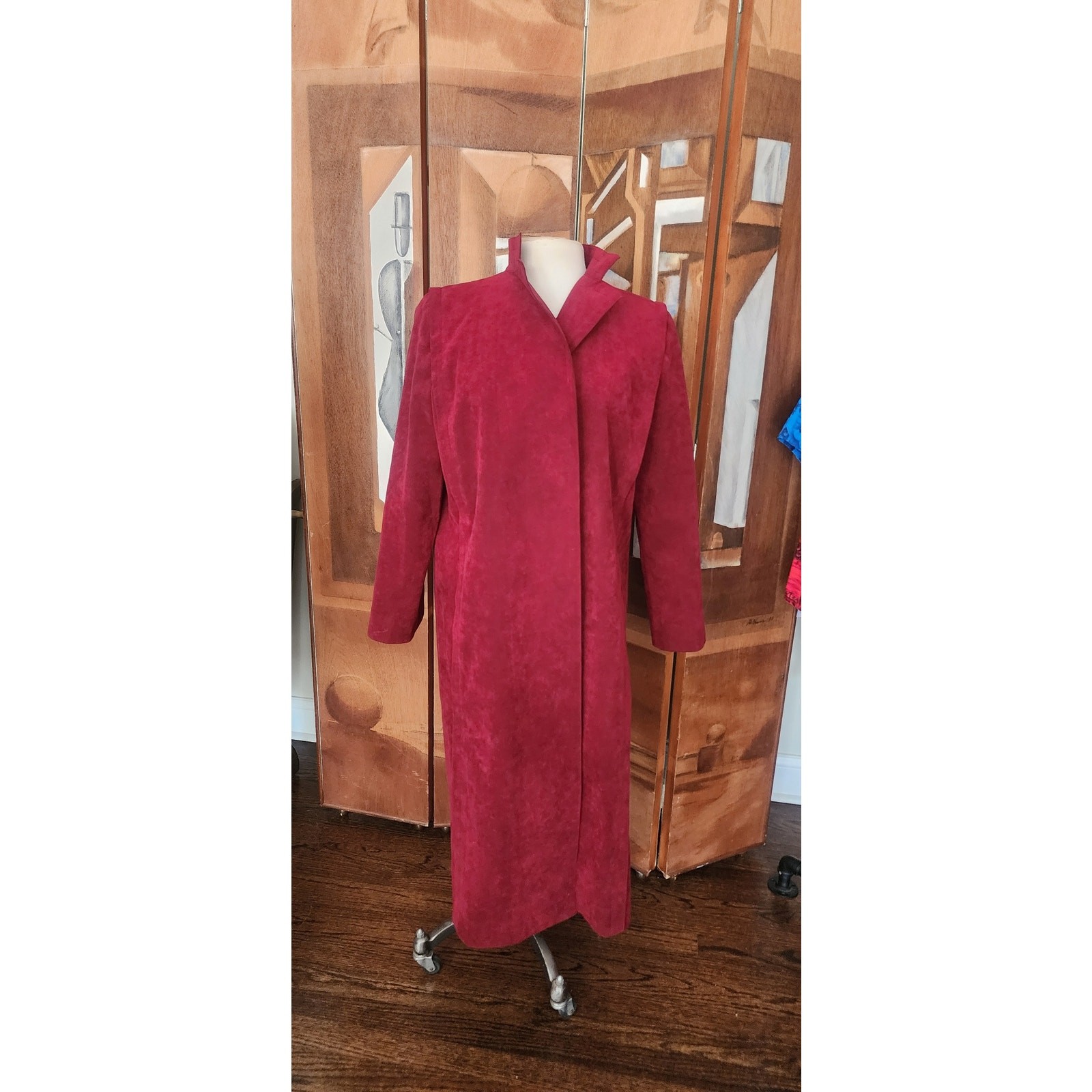 Vintage 1970s Pauline Trigère Ultrasuede Coat Burgundy Red Maxi Trench