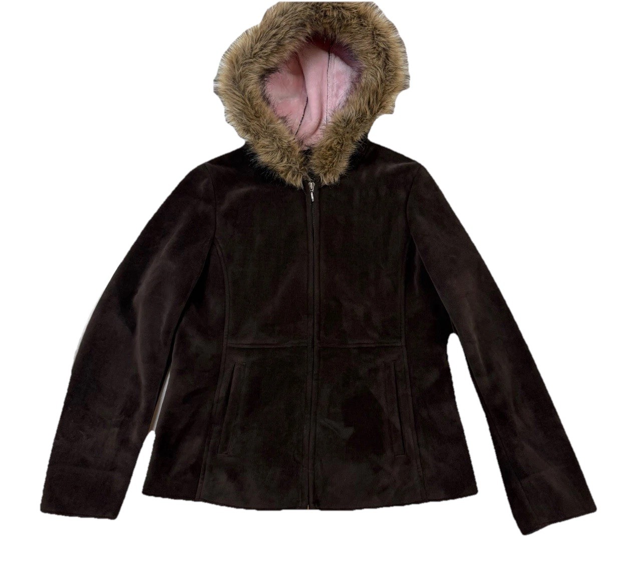Vtg Static Y2K Jacket Coat Faux Fur Hood Brown Soft Velour Bomber Gilmore Girls
