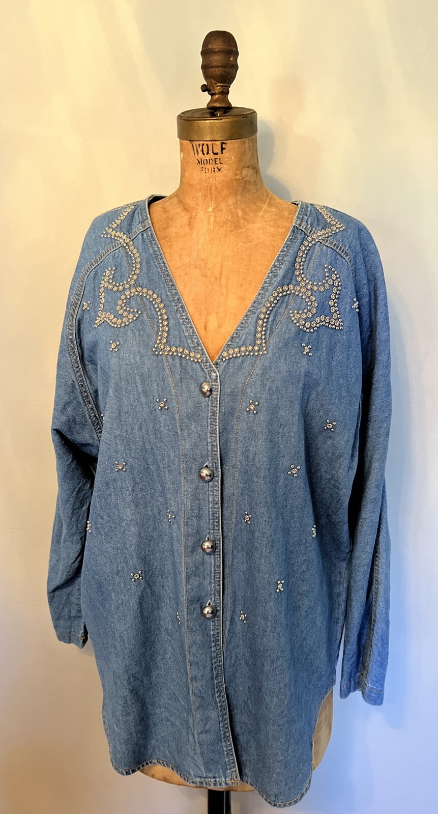 Vintage Women’s Denim Western Button Shirt Studded Cowgirl Prairie Rodeo Size 14