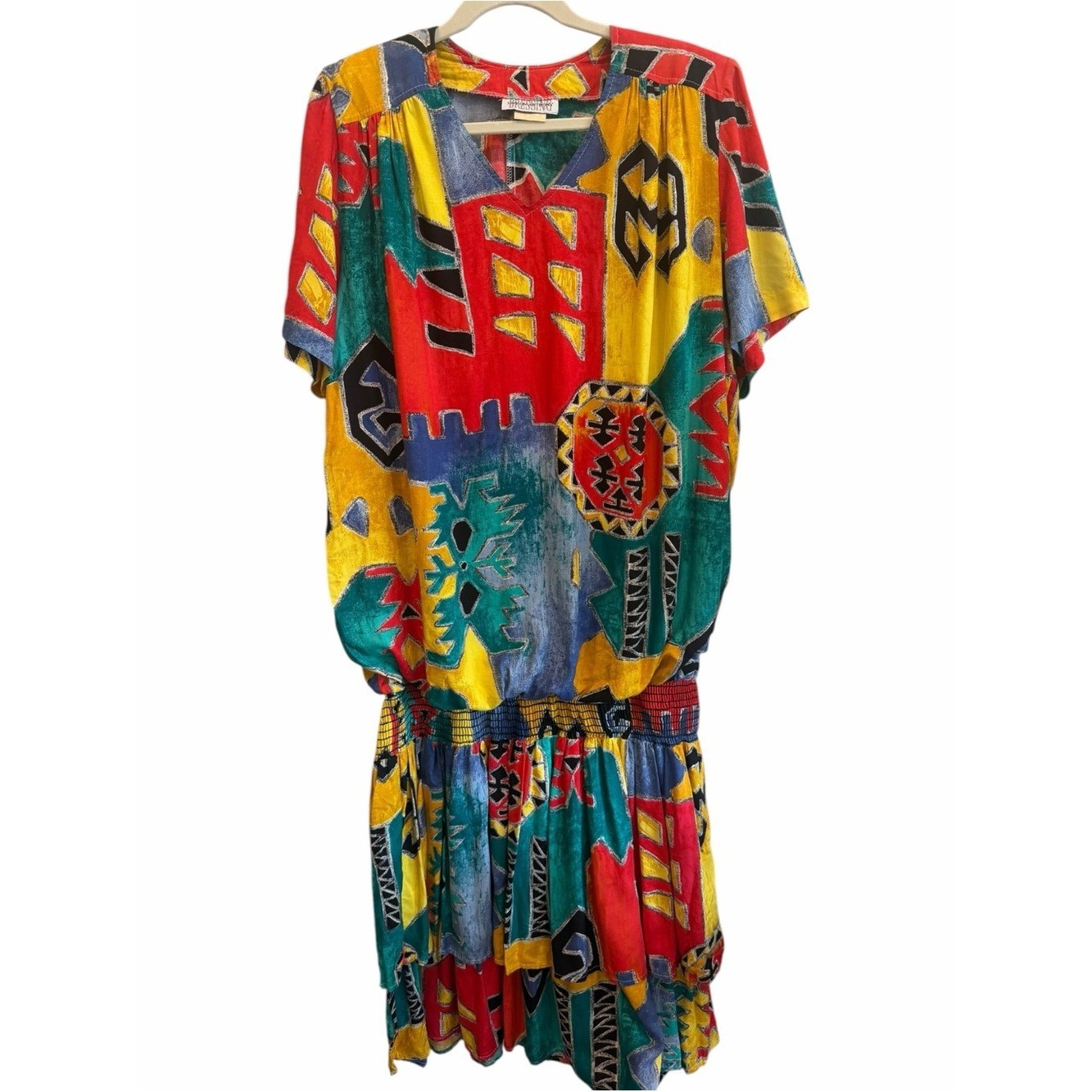 Vintage Sharon Anthony 1980s Midi Dress Geometric Colorful Kitsch size 18 XL
