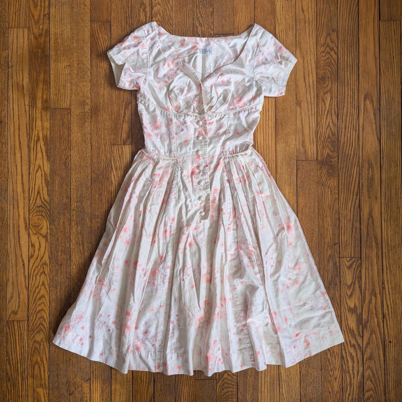 SABA JRS Cali Sleeveless 50s Summer Dress Vtg Mid Centry Pink White Floral Aline